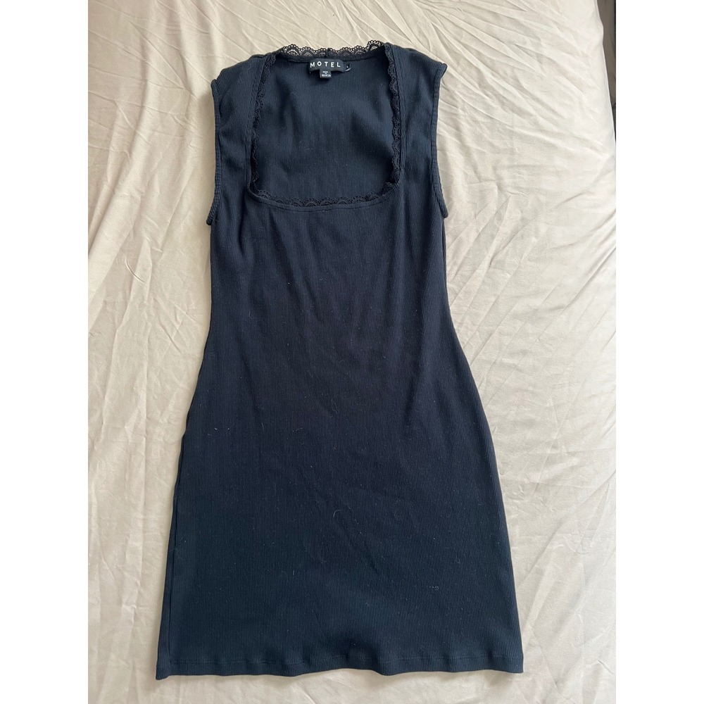 Motel Black Lace Trim Ribbed Bodycon Mini Dress L Y2K